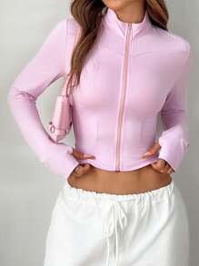 SHEIN EZwear 女士夏季休闲纯色立领短款防晒夹克 - 粉色 - 查看 1