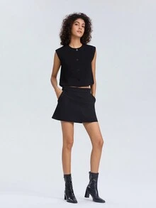 Front Button Fastening Sleeveless Casual Summer Tank Top Black - Black - View 3