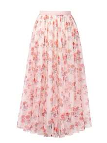 Floral Mesh Overlay Printed Skirt - Pink - View 2
