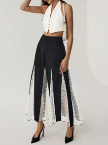 SHEIN Privé 女士高腰撞色蕾丝优雅半身裙 - 黑色 - 查看 6