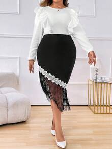 SHEIN Unity 大码春秋优雅拼色荷叶边下摆流苏下摆中长连衣裙 - 黑與白 - 查看 6