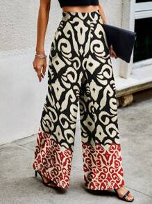 Breezaya Random Printed Women High Waist Loose Wide Leg Vacation Pants - Multicolor - View 1