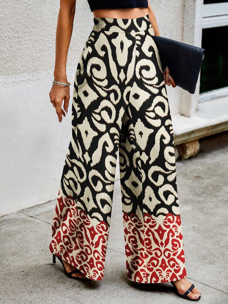 Breezaya Random Printed Women High Waist Loose Wide Leg Vacation Pants - Multicolor - View 1