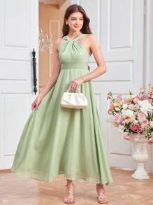 SHEIN Teen Girl Ethereal & Twist Neck Plain Chiffon Dress - Green - View 2