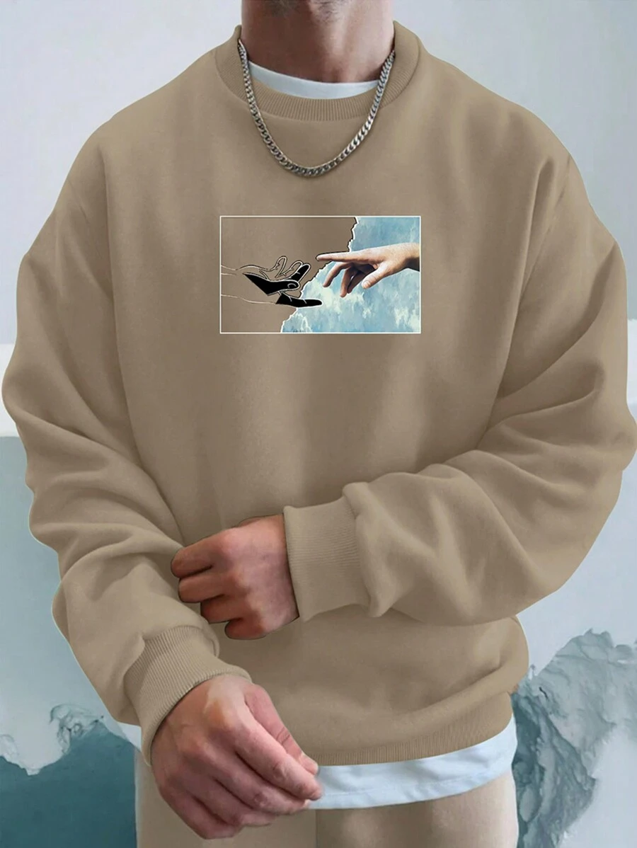 RueChic Men's Round Neck Sweatshirt With Hand Print Outline Design - Camel - View 1