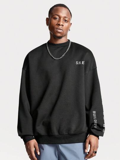 Manfinity VCAY Sudadera holgada de cuello redondo de punto con gráfico de texto en inglés para hombre, para otoño e invierno