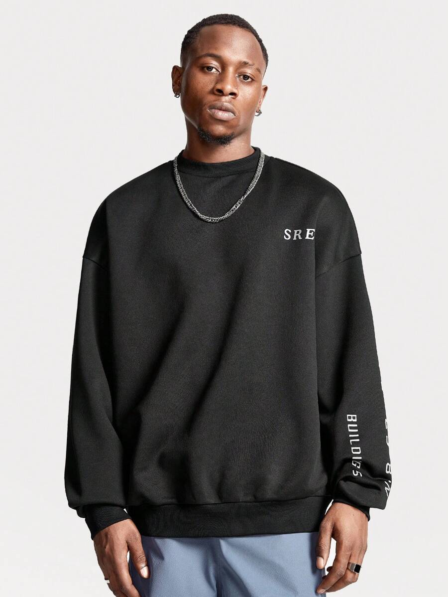 Manfinity VCAY Men's English Text Graphic Loose Fit Crew Neck Knitted Pullover Sweatshirt, For Fall Winter - Black - View 1