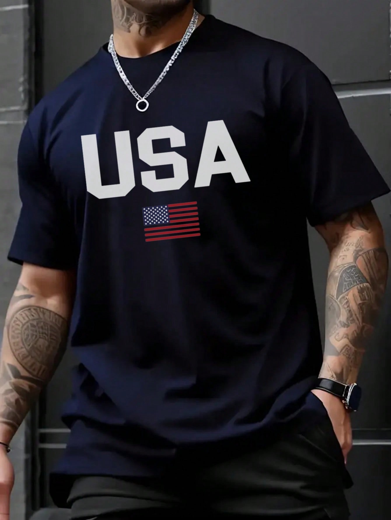 2025 Men's Casual Round Neck Short Sleeve T-Shirt With Letter & American Flag Print, Summer