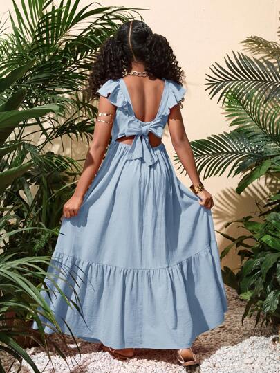 SHEIN Vestido informal de unicolor con dobladillo de volantes tejido para niñas preadolescentes, primavera verano