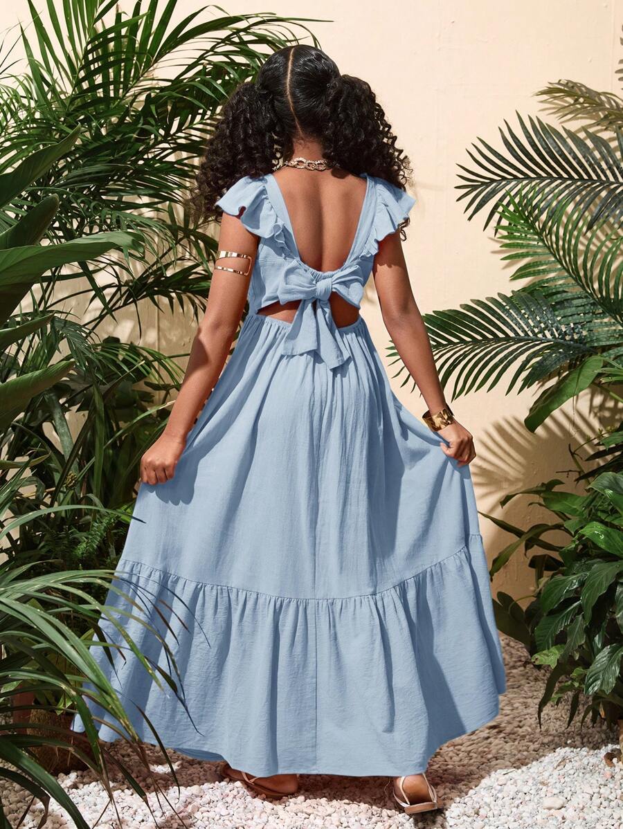 SHEIN Vestido informal de unicolor con dobladillo de volantes tejido para niñas preadolescentes, primavera verano - Celeste - Ver 1