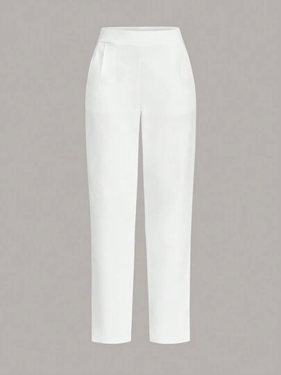 Sweetra Damer Casual Enfärgad konformade långa vita byxor, Damer Vår/Höst Casual Pocket, Dragkedja Natural Cargo Byxor Beskurna Vita Normal Fit Dambyxor, Casual Daily Wear