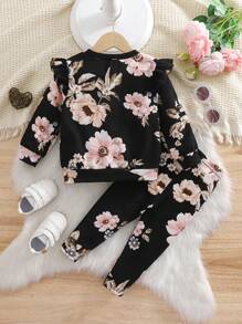 SHEIN Baby Girl's Floral Print Ruffled Long Sleeve Sweatshirt And Elastic Waist Pants Set, Autumn/Winter