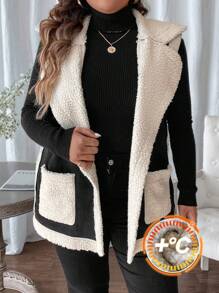 SHEIN LUNE Plus Size Dames Colorblock Zakken Opstaande Kraag Mouwloos Los Jack, Winter