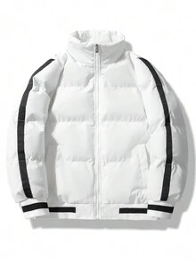 Manfinity Hypemode 男士长袖条纹拼布拉链休闲夹棉外套，秋冬季 - 白色 - 查看 4