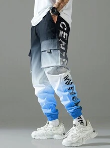 Manfinity Hypemode 男士前系带多口袋字母印花渐变色休闲裤，秋季 - 彩色 - 查看 4