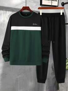 Manfinity Homme Plus Size Men's Striped Letter Print Crew Neck Sweatshirt And Contrast Color Drawstring Straight Pants Set - Multicolor - View 3