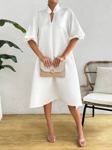 Breezaya Elegant And Charming Lantern Sleeve V-Neck Dress For Holiday Party Clothes Maxi Satin Women Outfit - White - View 6