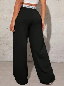 SHEIN SXY Women's Simple Letter Print Patchwork Casual Wide Leg Black Sweatpants - Black - View 2