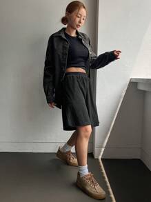 DAZY 女式宽松时尚纯色灯芯绒短裤 - 黑色 - 查看 4