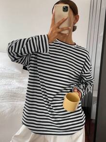 DAZY Damen Einfarbiges Rundhals Loose Langarm T-Shirt, Herbstkleidung - Schwarz und Weiss - Übersicht 6
