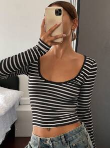 DAZY 秋季新款条纹圆领长袖休闲时尚T恤，秋季女装 - 黑色 - 查看 7