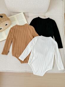 SHEIN LMoss Kids 3 Stücke Set für Neugeborene, Jungen/Mädchen, einfarbig schwarz/weiß/khaki, langärmeliger Strick-Romper, weich und bequem, passend zur Freizeitkleidung für zu Hause, Ausflüge und zum Schichten