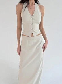 SHEIN Privé Plus Size Elegant Tie-Waist Blazer & Extra Long Slit Hem Midi Skirt 2Pcs Suit, Apricot