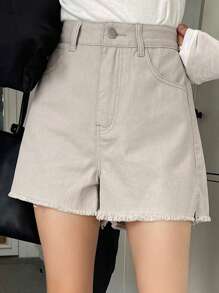 DAZY Quần short denim giản dị tối giản trơn dành cho nữ - Màu be - Xem 6