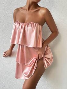 Allurite 性感荷叶边露背吊带背心蛋糕裙，夏季 - 藕粉色 - 查看 4