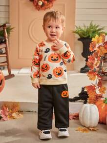 SHEIN 2 件套婴幼儿万圣节骷髅南瓜蝙蝠印花连帽衫运动衫和裤子套装，杏色和橙色 - 彩色 - 查看 3