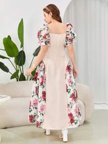SHEIN Vestido elegante florido com mangas bufantes contrastantes para adolescente