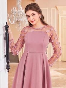 SHEIN Leap Crew Thiếu niên cô gái Đan Màu thuần 3D Hoa Lưới Sợi Viễn cảnh Đầm - Hồng - Xem 3