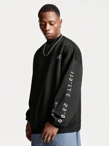 Manfinity VCAY Men's English Text Graphic Loose Fit Crew Neck Knitted Pullover Sweatshirt, For Fall Winter - Black - View 2