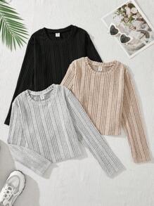 SHEIN Leap Crew 3pcs Tween Girls Basic Casual Solid Color Crew Neck Long Sleeve Knit Top Set - Multicolor - View 6