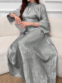 Al Najma 女士优雅立领土耳其风格阿拉伯传统长款朴素长袖连衣裙卡夫坦阿拉伯连衣裙