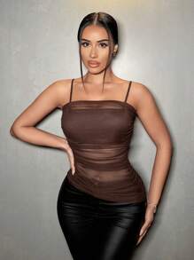 Zolique 女士褶皱透明吊带背心，夏季 - 咖啡棕 - 查看 4