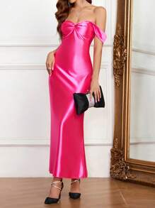 Zolique Vestido sirena de satén con hombros abiertos ajustado de unicolor con hombros descubiertos para mujer