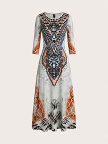 SHEIN LUNE Retro Printed Long-Sleeved Apricot Dress - Orange - View 1