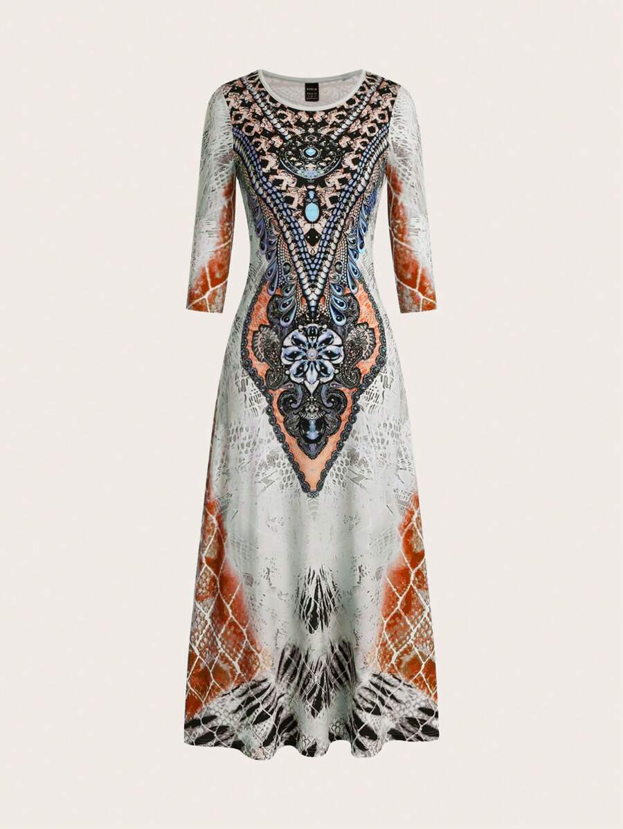 SHEIN LUNE Retro Printed Long-Sleeved Apricot Dress - Orange - View 1