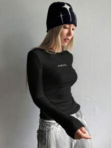 DAZY 女士休闲字母印花保暖内衬T恤，秋冬长袖女式上衣，保暖内衬 - 黑色 - 查看 2