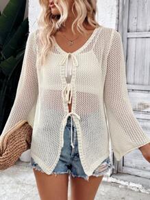 Chiquease Pre-Tied Bowknot Vacation Style Open Front Flared Sleeve Shirt - Apricot - View 3