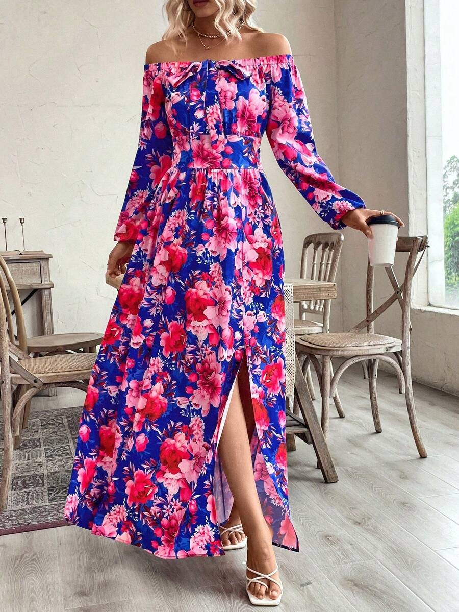 SHEIN Unity 花卉印花露肩分裙連衣裙 - 彩色 - 查看 1