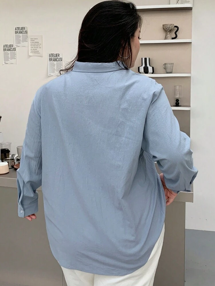 Dazy Plus Plus Size Solid Color Loose Regular Turndown Collar Long Sleeve Shirt, Spring/Summer/Autumn,Fall Women Clothes