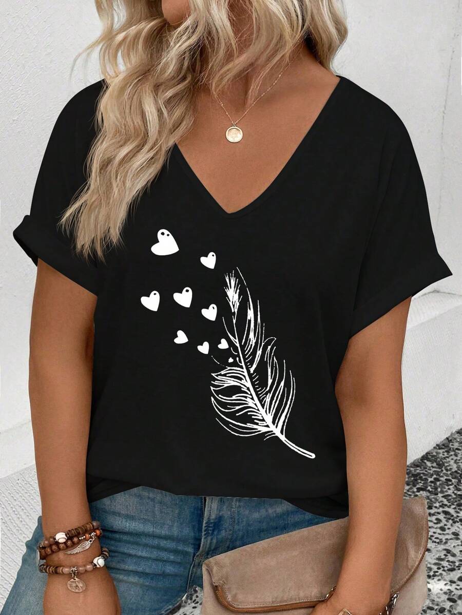 INAWLY Plus Size Women's V-Neck Ruffle Cuff Feather Print Casual Blouse Graphic Tees Women Tops - Multicolor - View 1