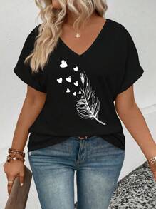 INAWLY Plus Size Women's V-Neck Ruffle Cuff Feather Print Casual Blouse Graphic Tees Women Tops - Multicolor - View 5