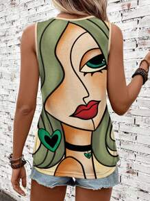 EMERY ROSE Face Print Fitted Sleeveless T-Shirt Tank Top For Women,Casual - Green - View 2