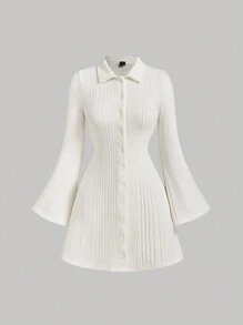 SHEIN MOD 白色针织罗纹休闲秋冬女士喇叭袖连衣裙返校服秋季衣服 - 白色 - 查看 1