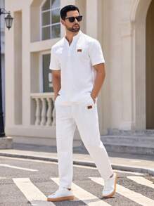 Manfinity BRENVOR 2pcs Men's Fitted Knit Casual T-Shirt & Pants Set For Summer, Cozy Outfits