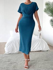 SHEIN Clasi Mặt trước xoắn tay cánh Váy liền áo vừa vặn - Màu xanh hải quân - Xem 5