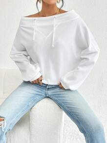 SHEIN Privé Off Shoulder Batwing Sleeve Drawstring Sweatshirt,Casual,White - White - View 6